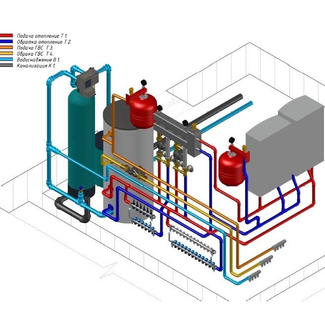Проект котельной с настенным газовым котлом 28 кВт и бойлером косвенного нагрева 200 л