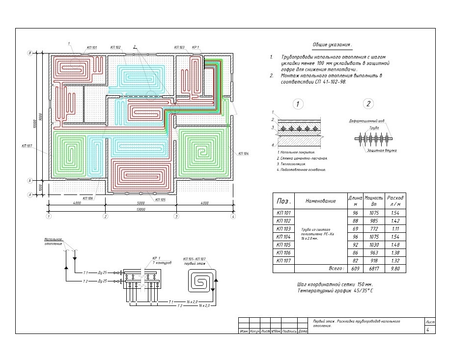 Схема раскладки труб теплого пола 609 метров