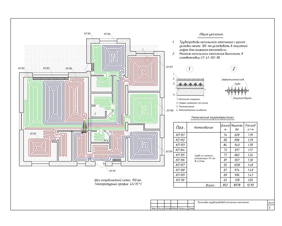 Схема раскладки труб теплого пола 802 метра