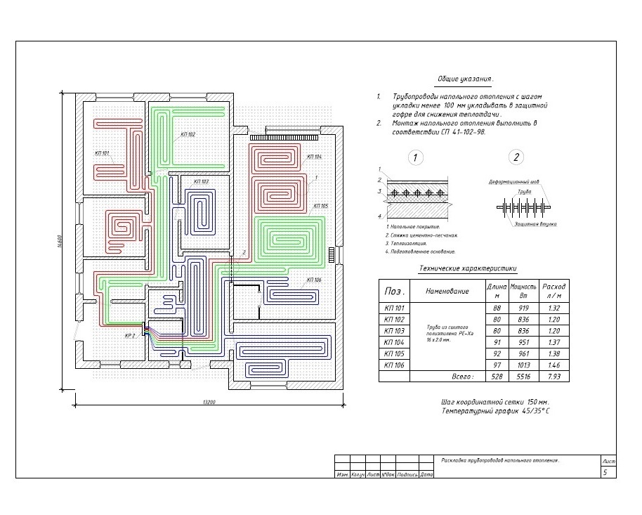 Схема раскладки труб теплого пола 528 метров